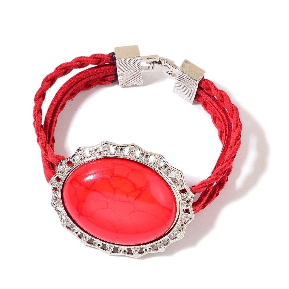 Genuine Red Howlite Braided Bracelet with Silver-tone Accents  (7.50 In)